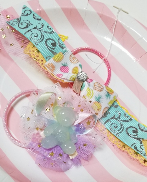 ミンクファーのリボンヘアゴム作りキラキラチュールのヘアゴム作り